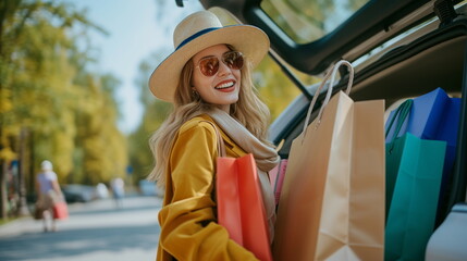 have her carry more fashionable shopping bags and boxes toward the trunk of the car - Generative AI - obrazy, fototapety, plakaty