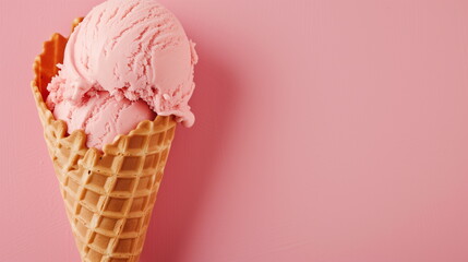 Pink strawberry flavored ice cream cone on a pink background. Close up. Generative AI