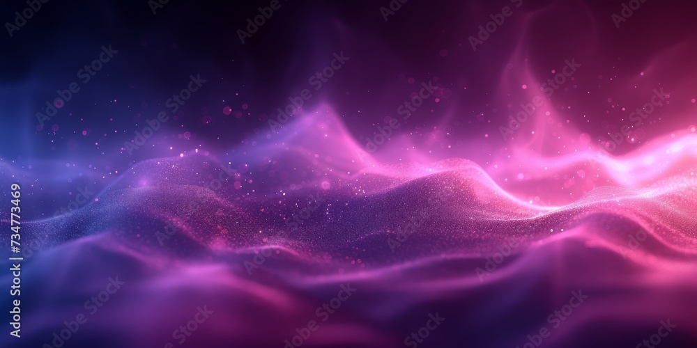 Poster a mesmerizing digital seascape where sparkling particles dance over ethereal purple waves, generativ