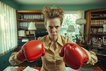 a young businesswoman wearing red boxing gloves, delivers a powerful punch towards the camera, symbolizing her determination and resilience in the business arena.