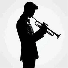 Silhouette of a man with a trumpet, black and white image, flat colors