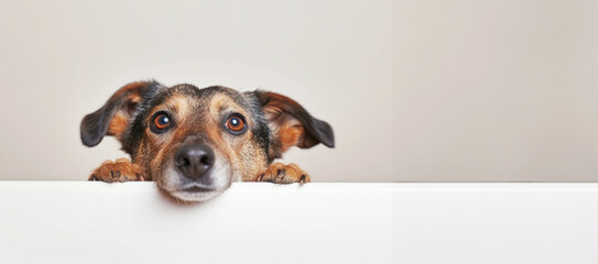 banner. dog peeking out from behind a white wall. Concept for pets, veterinary clinic or nutrition,...