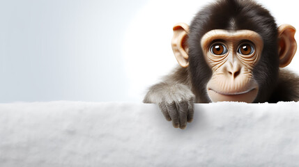 Portrait of a funny monkey with a blank banner. Copy-space