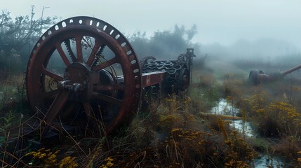 The corroded wheel of mining machinery stands as a monument to a bygone era, set against the backdrop of a misty, wildflower-strewn field.
