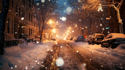 Snowflakes gently fall during a tranquil winter evening on a residential street, illuminated by the warm glow of street lights and festive decorations.