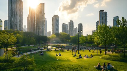 A sunlit urban park comes alive with people enjoying the outdoors, with a majestic city skyline rising in the background against a clear sky. - obrazy, fototapety, plakaty