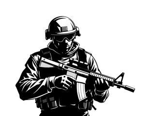 Soldier silhouette. Military man with a machine gun.