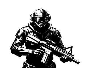 Naklejka premium Soldier silhouette. Military man. Soldier with a machine gun.