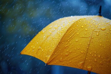 A vibrant yellow umbrella adorned with large raindrops, braving the downpour on a rainy day.