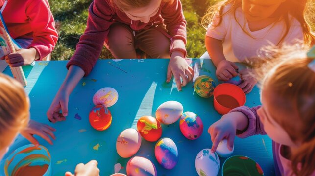 Cheerful children enjoying Easter crafts, coloring vibrant eggs at sunny outdoor table. Creative kids engage in holiday art, showcasing joy and teamwork in a playful setting