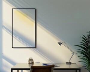 Minimalist workspace with soft light casting shadows on the wall, featuring a framed yellow artwork