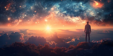 Fototapeta premium A Lone Observer Against a Breathtaking Sunrise and the Infinite Universe Beyond, Generative AI