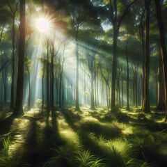  the tranquility of a serene forest scene with sunlight streaming through the trees, generative ai