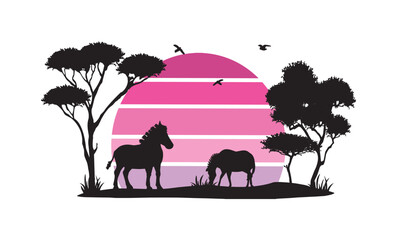 pink sunset and savanna vector. silhouette of zebras grazing in savanna africa vector logo