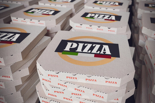Many cardboard pizza boxes. 3D rendered illustration.