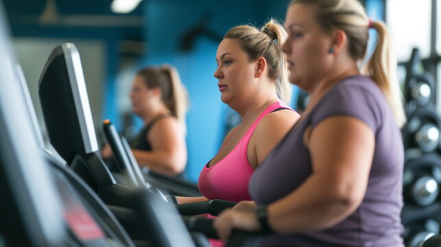 Overweight women working hard on treadmills in the gym - Generative AI