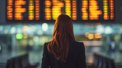 Rear view of businesswoman standing in front of departure ariival board of international airport looking at the flight information board - Generative AI