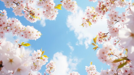 Obraz na płótnie Canvas Cherry blossom, open space, cherry blossom frames the edges for a flyer with no text. blue sky background - Generative AI