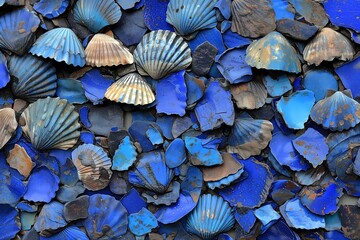 Assorted Blue Painted Seashells Texture for Artistic and Marine Backgrounds - obrazy, fototapety, plakaty