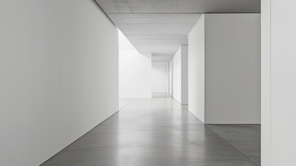 Bright light enters the long, empty corridor with white walls and gray floor. Generative AI