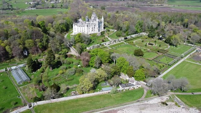 Dunrobin Castle,: Scottish Castle, Scottish Highlands Aerial Drone Footage. 