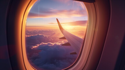 An airplane wing seen through an airplane window and A sunset view reflected in clouds. Window Closeup. Travel concept. Generative AI
