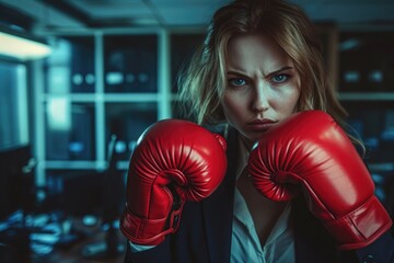 With a fiery spirit, a young boxing businesswoman clad in red gloves strikes a forceful pose, symbolizing her tenacity and readiness to conquer challenges in the business realm.