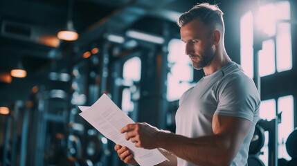 Young coach making a training plan in a gym - Generative AI