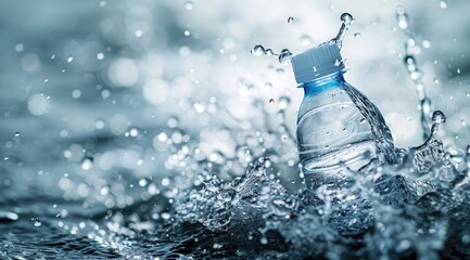 Drinking Water Bottle with water splash. Summer Banner. - obrazy, fototapety, plakaty