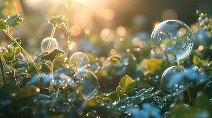 Iridescent bubbles floating freely in a gentle breeze, catching the sunlight.
