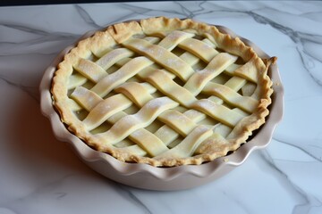 ceramic pie dish with lattice pastry top ready to bake