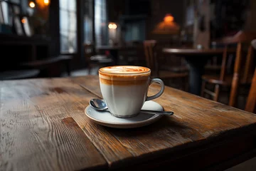 Foto op Aluminium Coffee morning on the wood floor background. © Nathasa