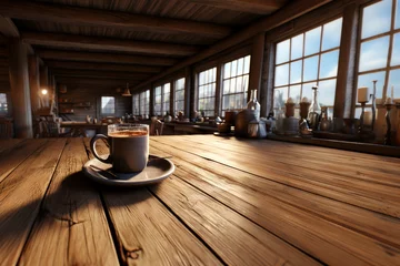 Fotobehang Coffee morning on the wood floor background. © Nathasa