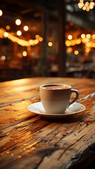 Obraz premium Coffee morning on the wood floor background.