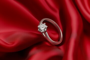 diamond ring on red silk with soft folds