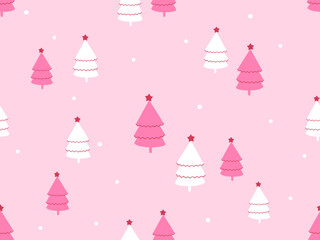Christmas or New year seamless pattern with Christmas tree and snowflakes on pink background vector illustration.