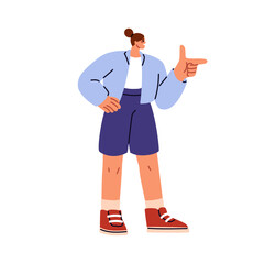 Woman pointing in front of her with finger. Happy girl character gesturing with hand, showing direction, aiming forward, focusing on goal, target. Flat vector illustration isolated on white background