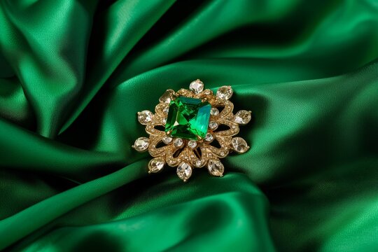 emerald brooch on green silk, centrally placed