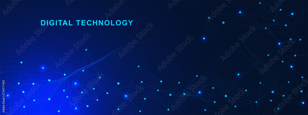 Poster digital technology concept with connecting dots an lines. abstract geometric connected, global netwo