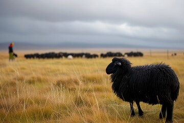 Obraz premium black sheep alone, person feeds herd in distance