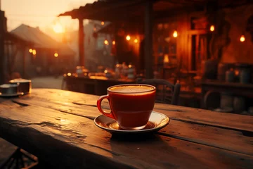 Zelfklevend Fotobehang Coffee morning on the wood floor background. © Nathasa