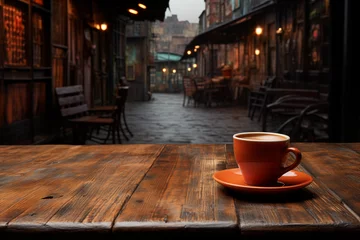 Rolgordijnen Coffee morning on the wood floor background. © Nathasa