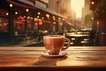 Deurstickers Coffee morning on the wood floor background. © Nathasa
