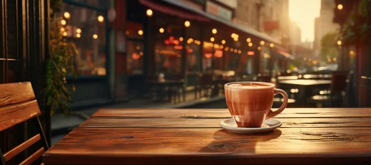 Fototapeten Coffee morning on the wood floor background. © Nathasa