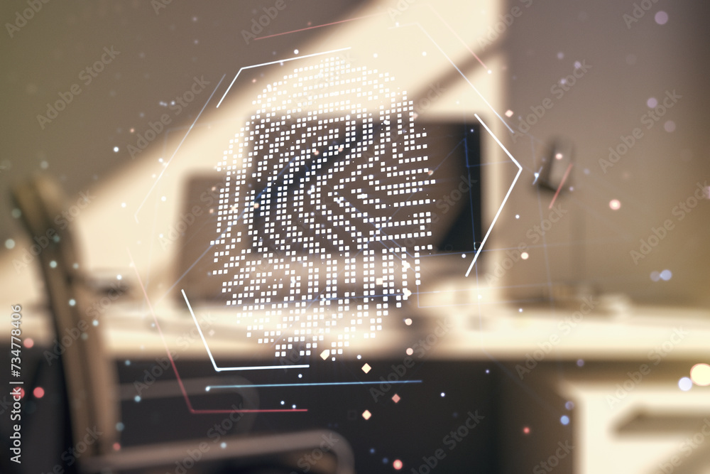 Poster multi exposure of creative fingerprint hologram and modern desktop with laptop on background, person