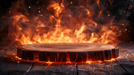 empty podium stage on the wooden table with flames background