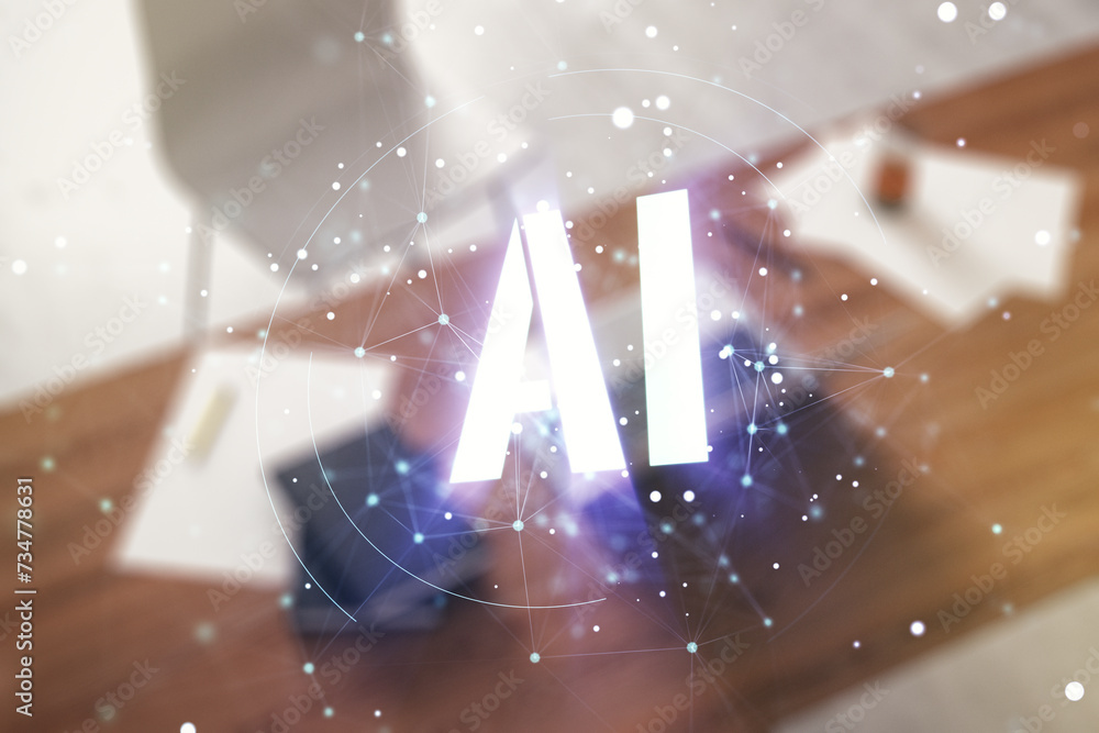 Aufkleber creative artificial intelligence symbol concept and modern desktop with computer on background. mult