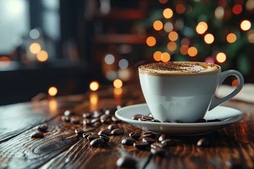 Foto op Plexiglas Coffee morning on the wood floor background. © Nathasa