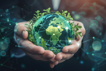 green friendly eco Hands of business people Embracing Green Globe.Protecting Planet Together.Environment Earth Day. Responsibility for the environment