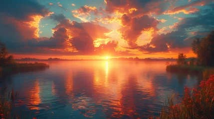 Crédence de cuisine en verre imprimé Orange sunset over a lake with color vibrant